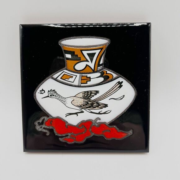 Vintage Cleo Teissedre Ceramic Tile Roadrunner Pottery Hand Painted Southwest 4" - Picture 8 of 8